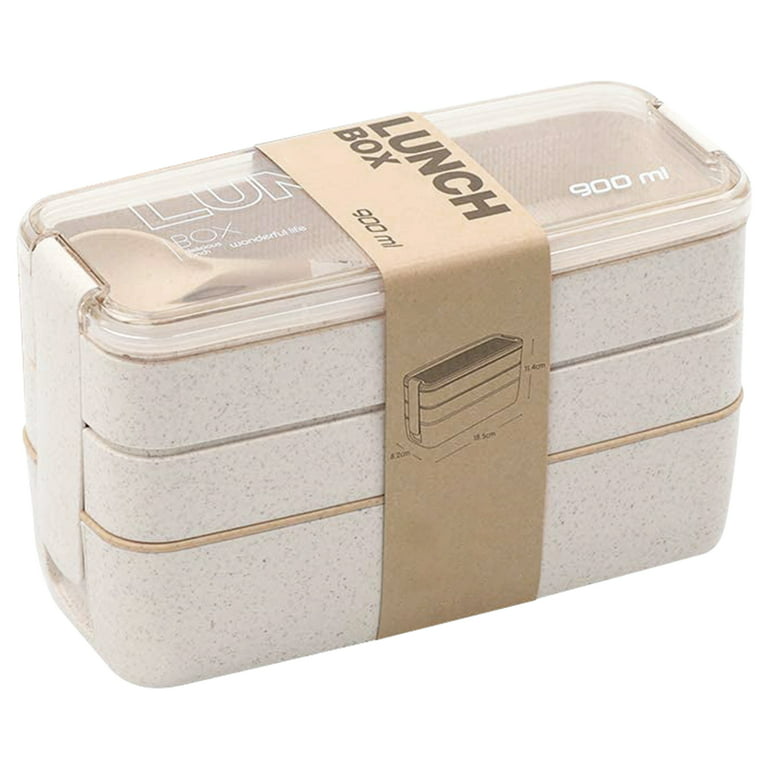 Dsseng Bento Box Stackable Bento Box,Lunch Box Kit With Spoon & Fork, 3-In-1  Compartment Whea-t Straw Meal Prep Containers,Leakproof Eco-Friendly  Stackable Bento Lunch Box Meal(Beige) 
