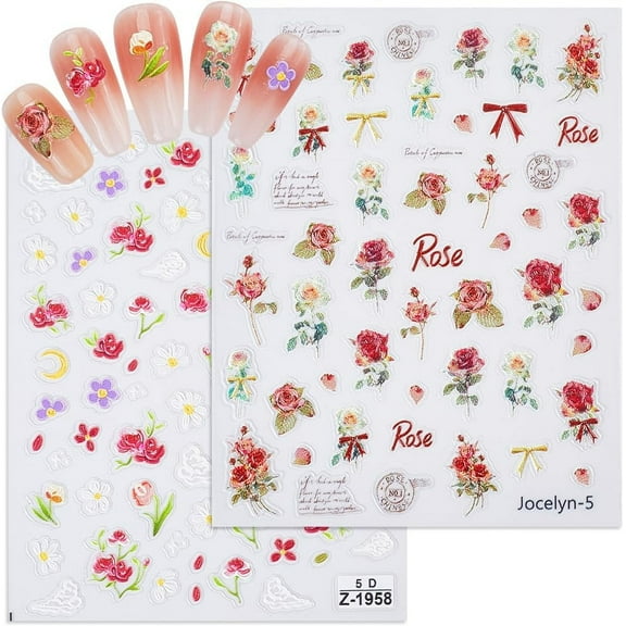 5D Flower Nail Art Stickers Spring Rose Embossed Carving Self Adhesive Nail Decals Supplies Charming Red Rose Floral Designs Nail Decoration for Women DIY Decorative Manicure
