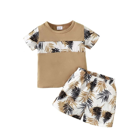 Kucnuzki 6 Months Baby Boy Summer Outfits Shorts Sets 9 Months Short Sleeve Hawaiian Style Prints Patchwork T-Shirt Tops WalkShorts 2PCS Set Brown