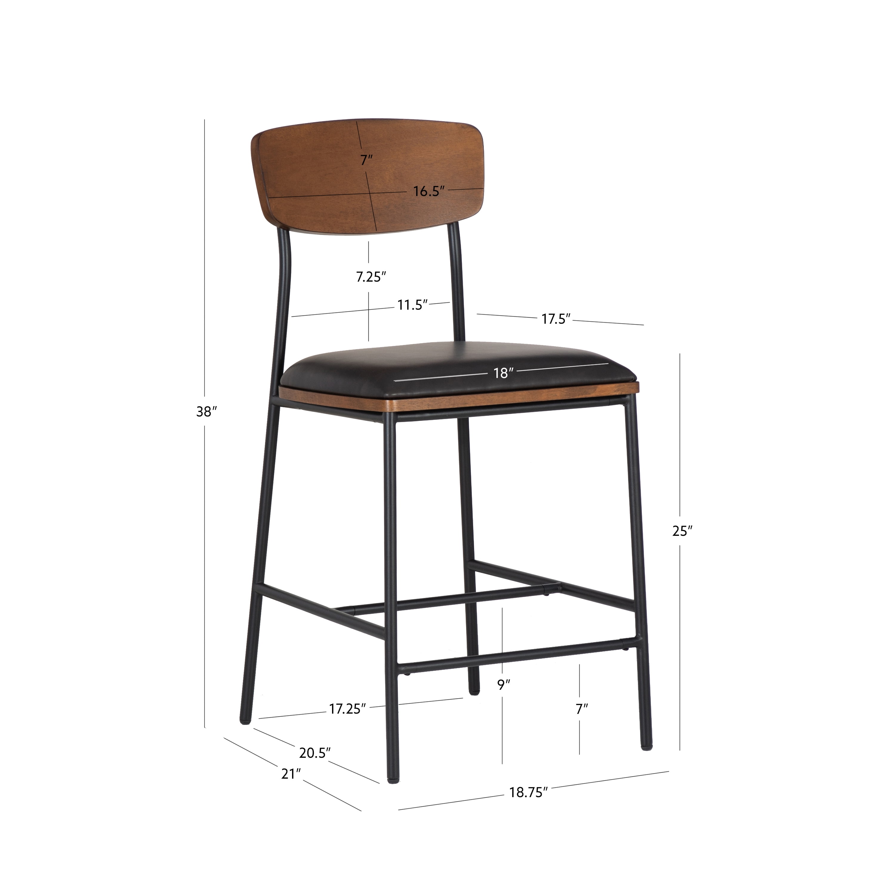 Linon Ryder Counter Stool Espresso Faux Leather Padded Seat Steel Frame in Black