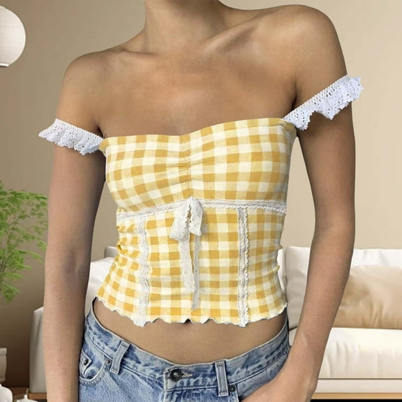 SHITINN Women's Plaid Crop Top Square Neck Lace Trim Gingham Tank Top Spaghetti Strap Shirt Going Out Corset Tops 1975 Crop Top All Tops 4xl Womens plus Size Tops Mens Running Tops Women 2x Blouse