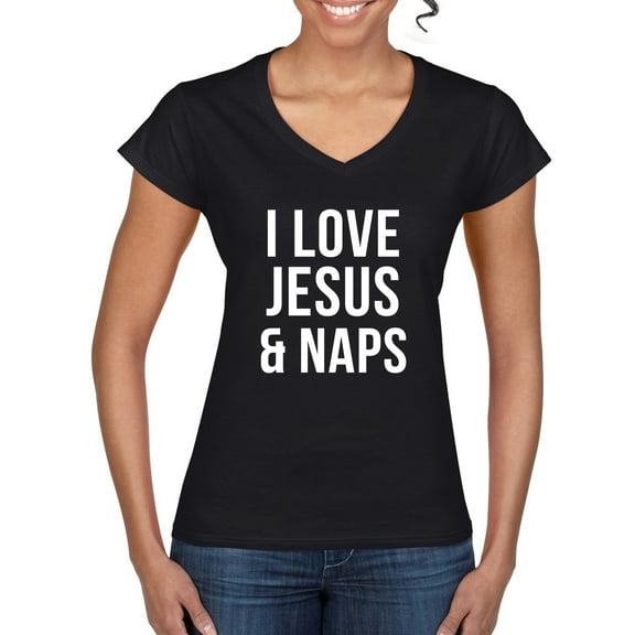 Wild Bobby I Love Jesus & Naps Inspirational/Christian Women Standard V-Neck Tee, Black, Small