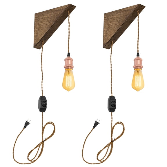 Kiven Wooden Wall Lamp with 15FT UL Plug in Cord and Dimmer Switch, Vintage Dimmable Corner Lamp, Adjustable Hanging Light for Kitchen Reading Makeup Bedside E26 Socket(Rose Gold)Set of 2