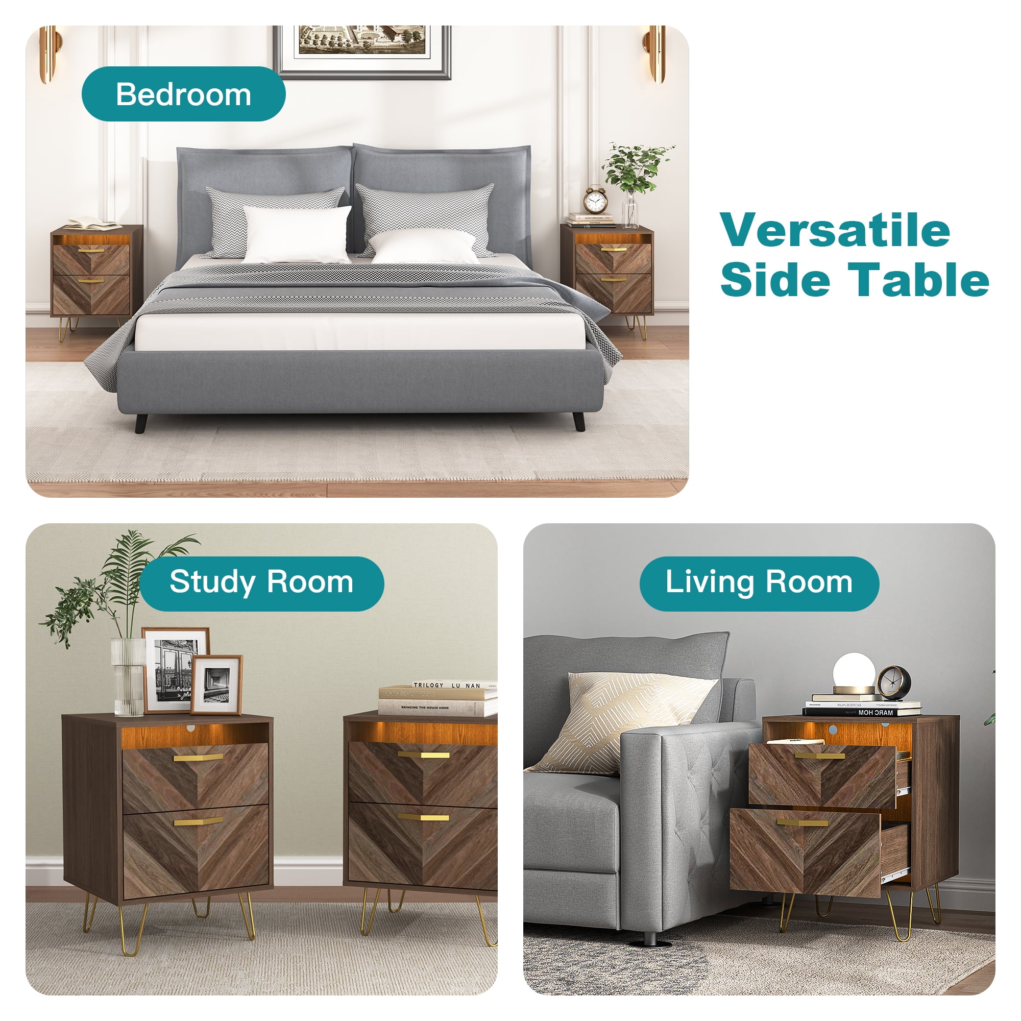 Finihen Nightstand Set of 2, End Table with 2 Drawers, Dual Night Stand with Metal Legs and LED Lights for Bedroom Living Room, Brown Finihen Nightstand Set of 2, End Table with 2 Drawers, Dual Night Stand with Metal Legs and LED Lights for Bedroom Living Room, Brown