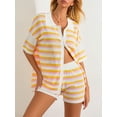 thumbnail image 6 of Musuos Women Summer Crochet Knit Pajamas Set Stripe Contrast Color Button Lapel Tops and Elastic Shorts 2 Pieces Loungewear Suits, 6 of 9
