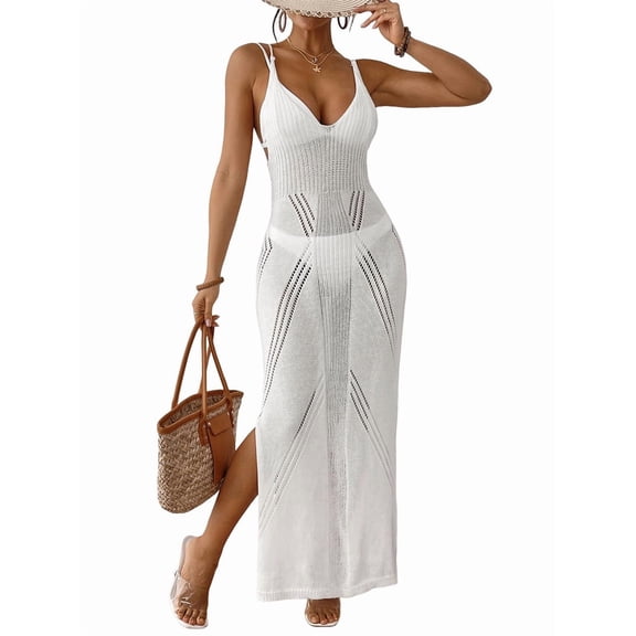 Womens Crochet Knit Sheer Summer Backless V Neck Side Slit Bathing Suit Cover Up Midi Dress White One Size