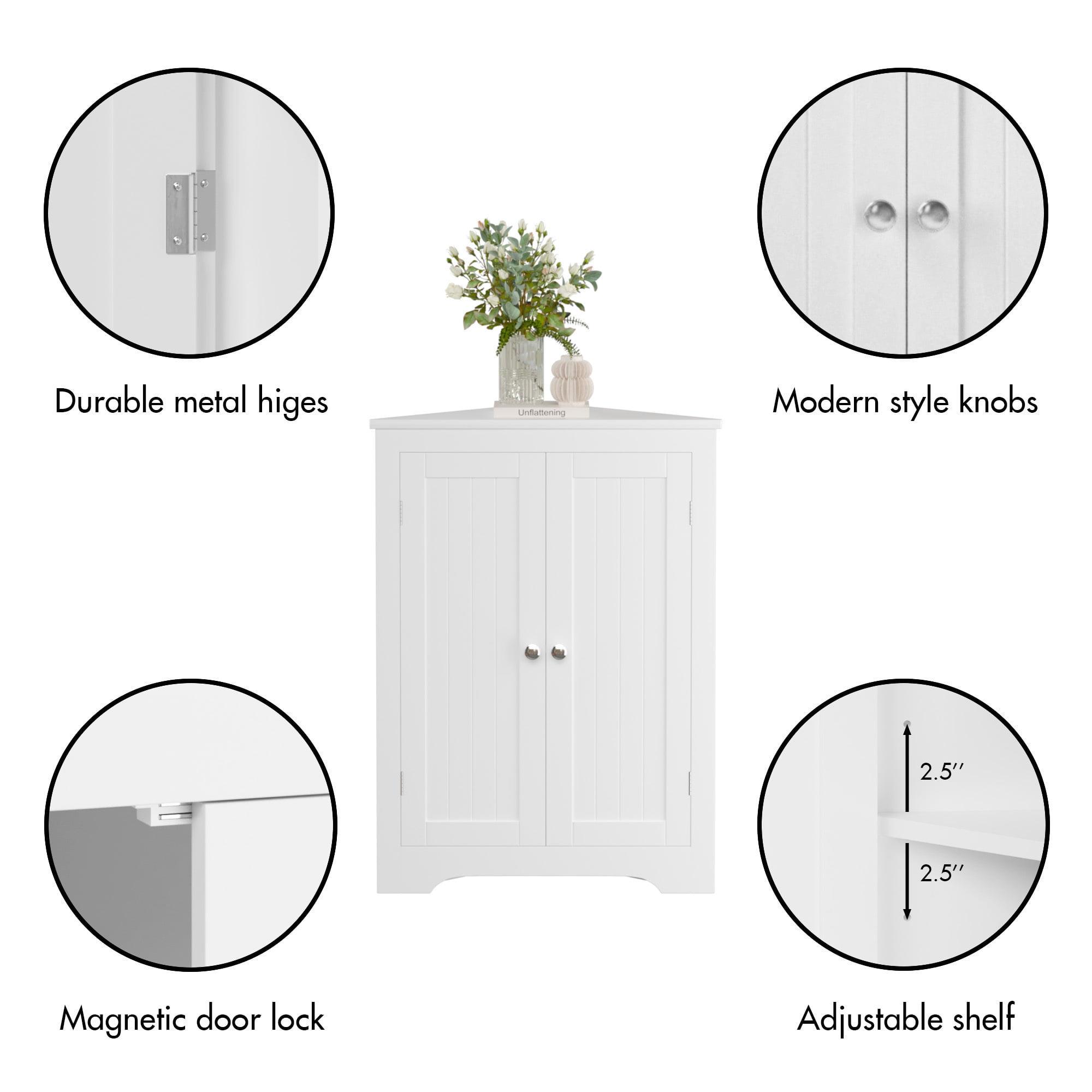 Jopath Floor Corner Cabinet with 2 Shelves,Corner Storage Cabinet Shelving Storage with Adjustable Shelves for Kitchen Living Room Bathroom, White