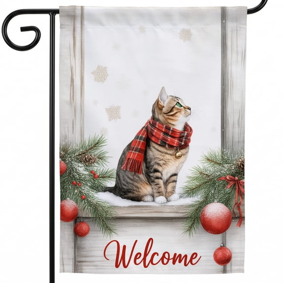 Christmas House Flag for Outside,A cat wearing a scarf sitting on a window sill,28 x 40 Inches,Seasonal Yard Flag,Outdoor Patio Christmas Decor