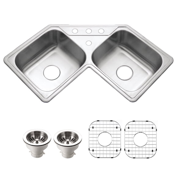 Houzer Legend 32 in Stainless Steel Topmount 4-hole 50/50 Double Bowl Corner Kitchen Sink with Strainer and Grid - LCR-3221-C