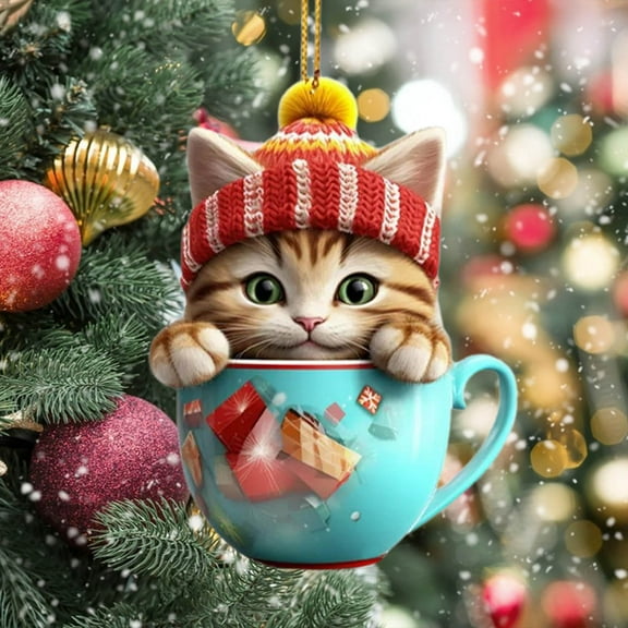 Cat Christmas Tree Ornaments 3D Printed Small Kitten Hanging Pendants for Home Acrylic Cute Xmas Decorations for Cat Lovers Gifts Car Backpacks Holiday Party Decor (E)