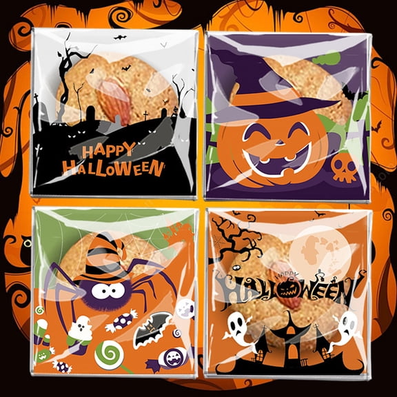 Halloween Party Treat Bags 100 Pack - Premium Plastic Candy Goodie Bags for Festive Snack Packaging and Celebration Favors