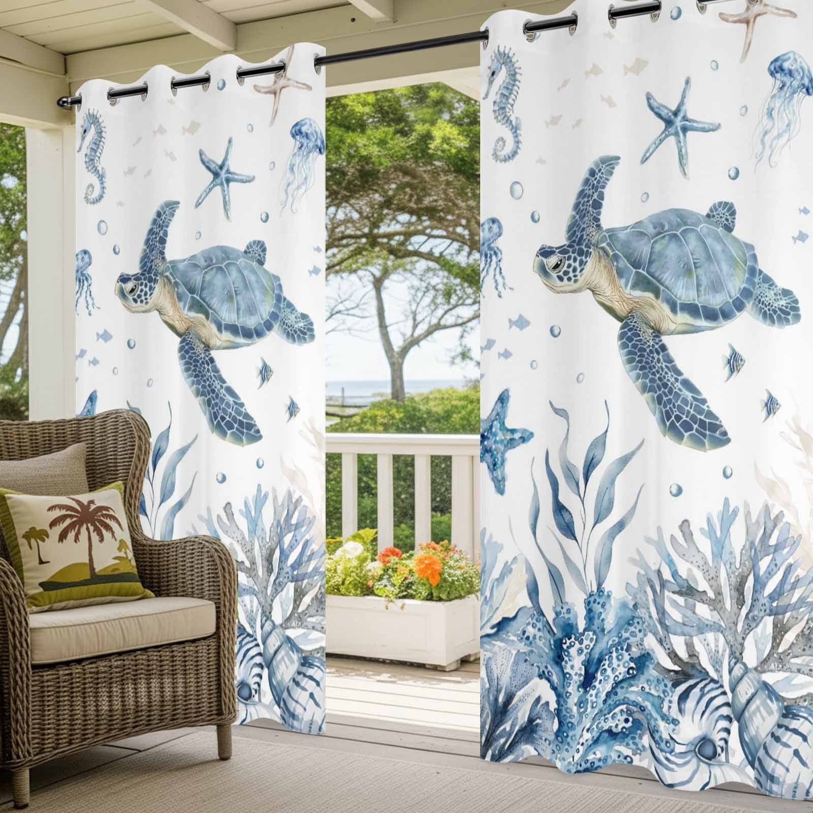 Marine Life Outdoor Curtains for Patio, Watercolor Ocean Turtle Coral Starfish Seashell Coastal Sunshade Privacy Drapes Grommet Waterproof Outside Curtains for Porch/Cabana/Balcony 54"x 108", 1 Panel