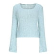 thumbnail image 4 of Qulqfy Cropped Women's Sweater Knit Blue Pullover Square Neck Bell Sleeve Tunic Fuzzy Shirts Light Sweaters for Women Fall Free, 4 of 6