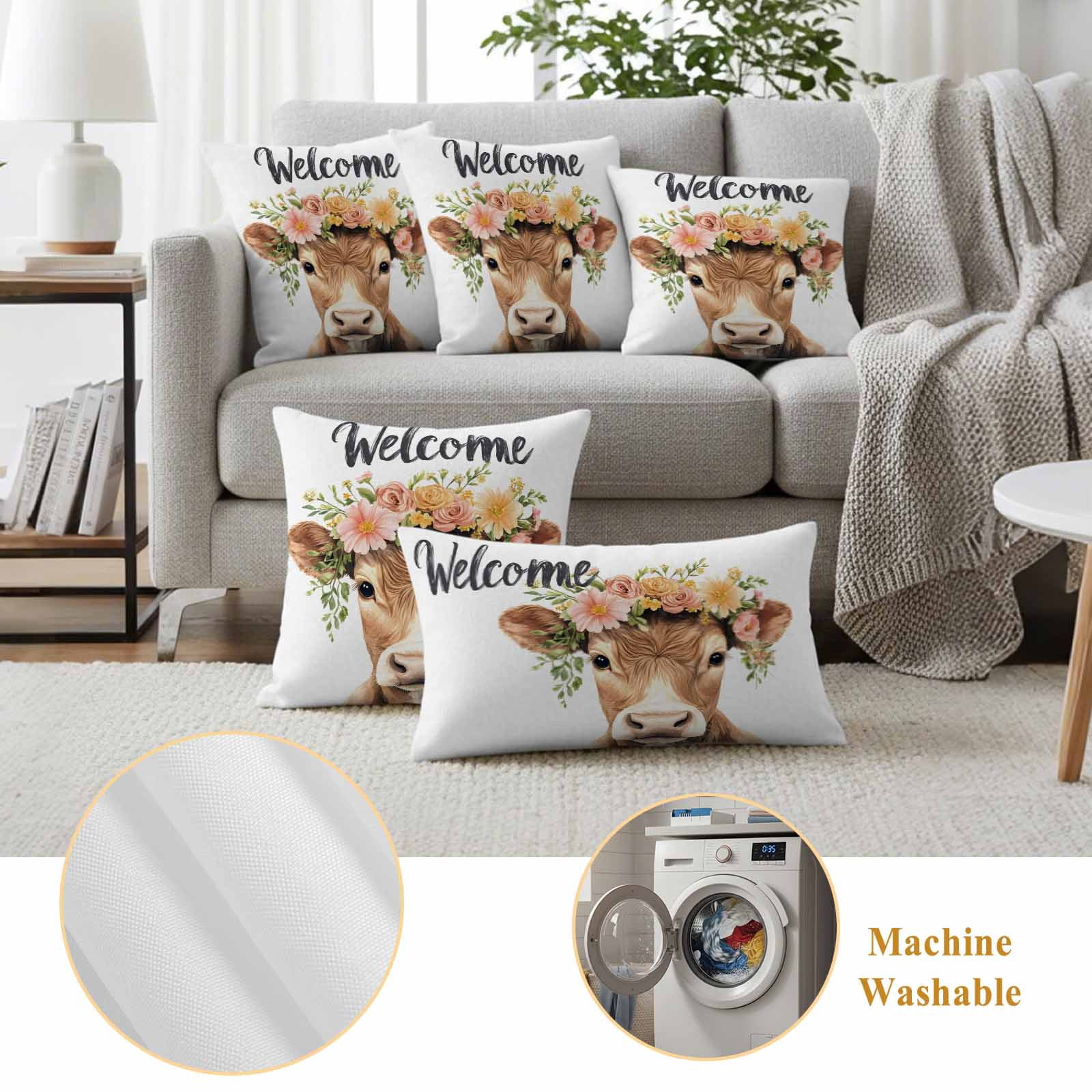 Cute Cow Pillow Covers 2 Pack Welcome Pillowcase Waterproof Outdoor Throw Pillow Cover for Patio Garden Square Cushion 20”x20”