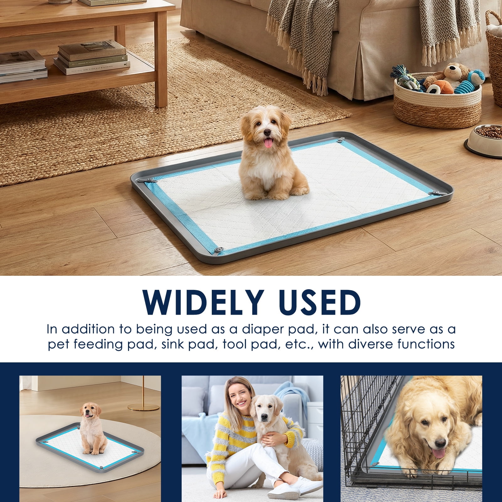 Pee Pad Tray Holder for Dogs - Fits Up to 24.41x16.54in. Square Potty Training Pads No Spill Raised Lip High Edge Silicone Mat, Extra Thick and Non-Slip for Indoor Floor Protection (S, Grey)