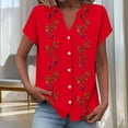 thumbnail image 4 of YUGYXL Button Down Shirts for Women Cap Sleeve Floral Printed Tops V Neck Henley Blouse Business Casual Outfits for Daily Red Tops XL, 4 of 5