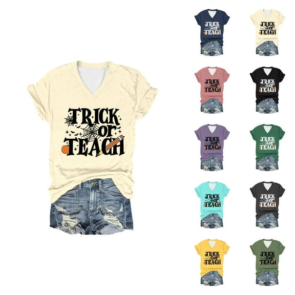 Halloween T Shirts for Women 2025 Trick Or Teach Funny Graphic Tees Short Sleeve V Neck Tshirt Womens T Shirts