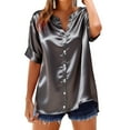 thumbnail image 3 of Short Sleeve Blouses for Women Summer Plus Size V-Neck Button-up Solid Color Casual Loose Leisure Outdoor Womens Satin T-Shirts, 3 of 6