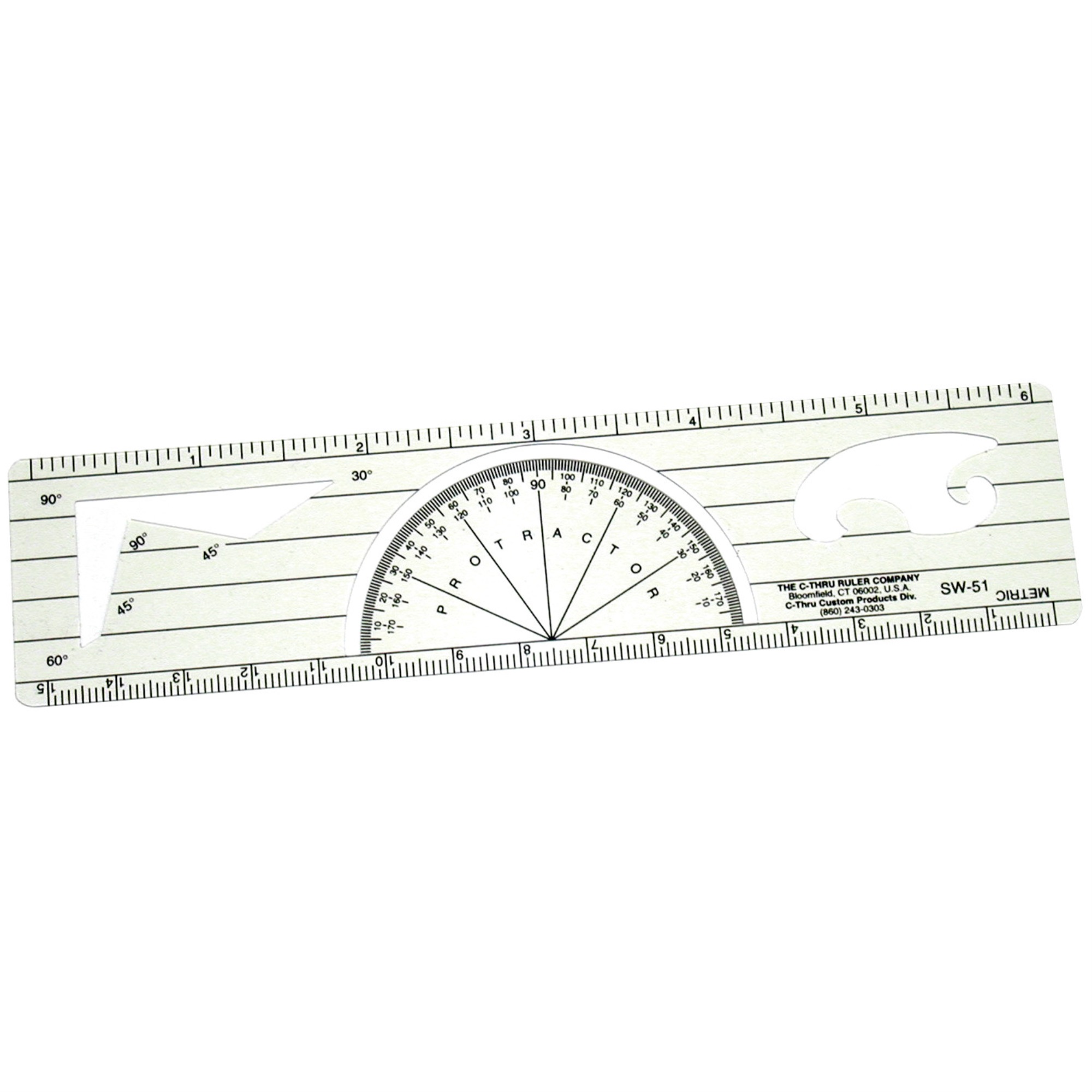 CThru Protractor Ruler, 1.5" x 6" with Triangle and French Curve Cut