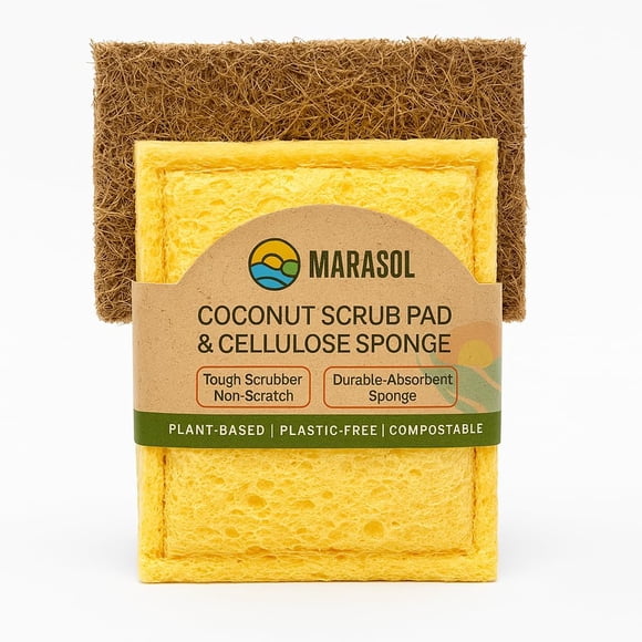 Éponge à Récurer Marasol (3) / Éponge en Fibre de Coco et Cellulose Double Face / Éponges de Cuisine à Base de Plantes en Plastique pour Vaisselle, Poêles / Tampon à Récurer Résistant Sans Rayures / Compostable / Lot de 3