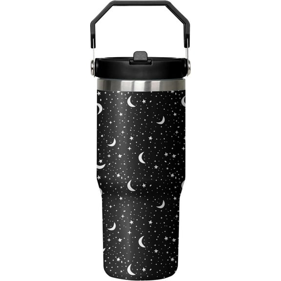 30 oz Black Bottle Spill Proof Mushroom Tumbler with Top Handle and Straw Lid Stainless Steel Double Wall Insulated Tumbler Coffee Mug Gift for Women Men Travel Cup for Car (Moon)