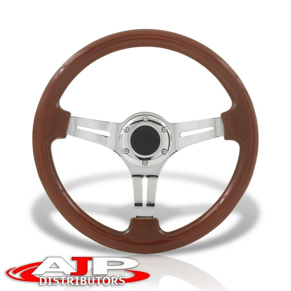 AJP Distributors Universal 350mm 14" 6 Bolts Hole Heavy Duty Steel Light Weight Deep Dish Steering Wheel Horn Button Grip JDM Stance Sport Drifting 3 Spokes Polish Center Wood