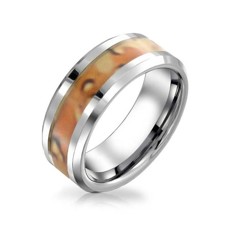 Military Army Mens Ring - Brown Army Military Camouflage Inlay Couples Wedding Band Tungsten Rings For Men For Women Silver Tone 8MM