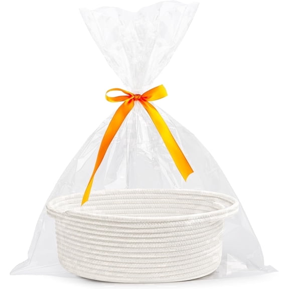 TETOU Small Woven Burr Basket with Gift Bags and Ribbons, 12"x 8" x 5" Durable Empty Rope Easter Basket with Handles for Easter Christmas Party Storage Gifts supply