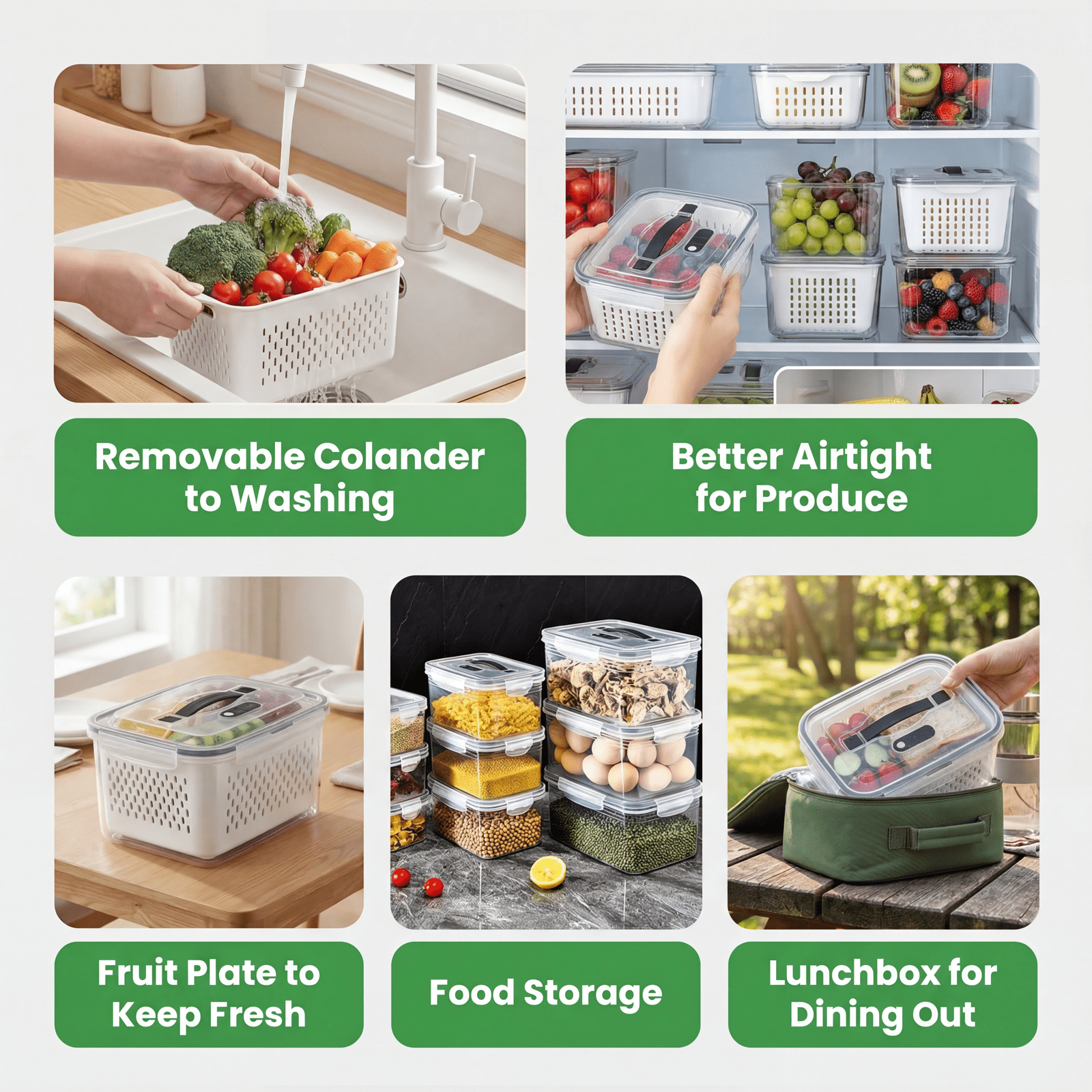 5 PCS Fruit Storage Containers for Fridge with Handle, Leakproof Produce Containers for Fridge with Removable Colander, All-In-One Fruit Containers Stainers Berry, Fruits, Vegetables, Salad, Lettuce