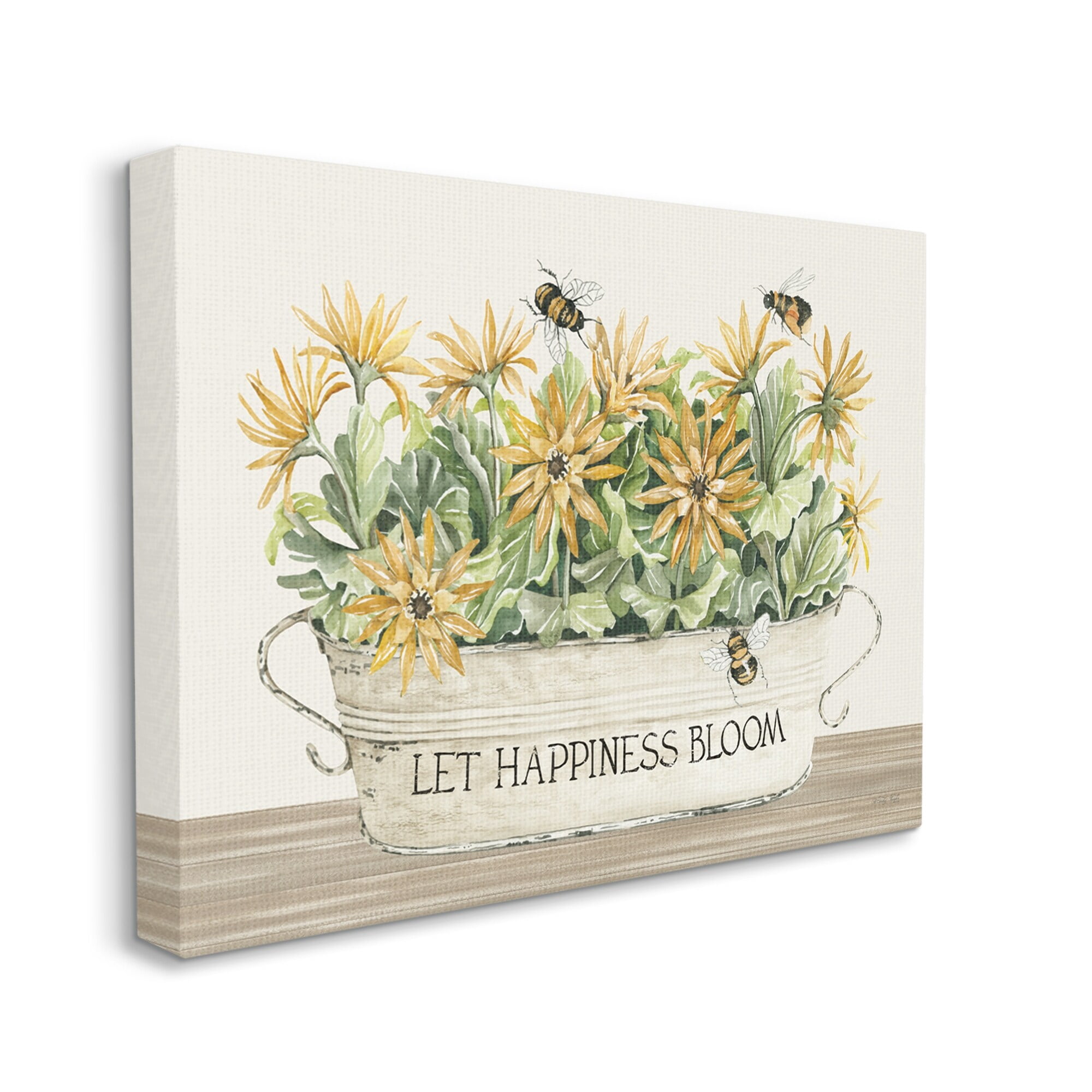 Stupell Industries Happiness Bloom Insect Bee Hovering Rustic Flower Jar,20 x 16, Design by Cindy Jacobs