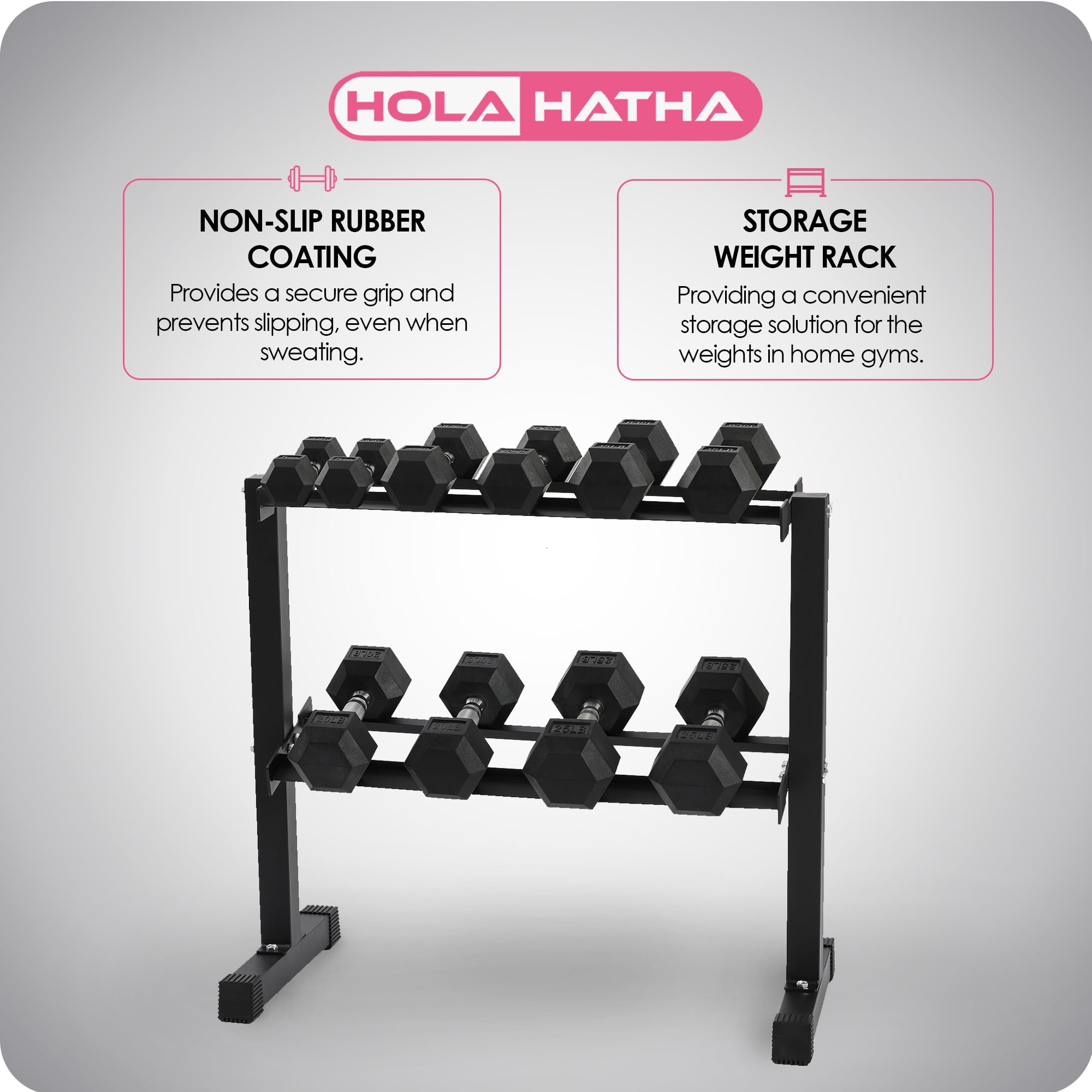HolaHatha 5, 10, 15, 20, and 25 Pound Rubber Encased Weight Set with Rack
