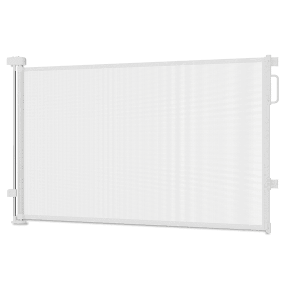 RTRWDC 34"H Retractable Pet Safety Gate, White Metal Frame Mesh Barrier, One-Hand Operation, Pet Fence for Staircase/Doorway