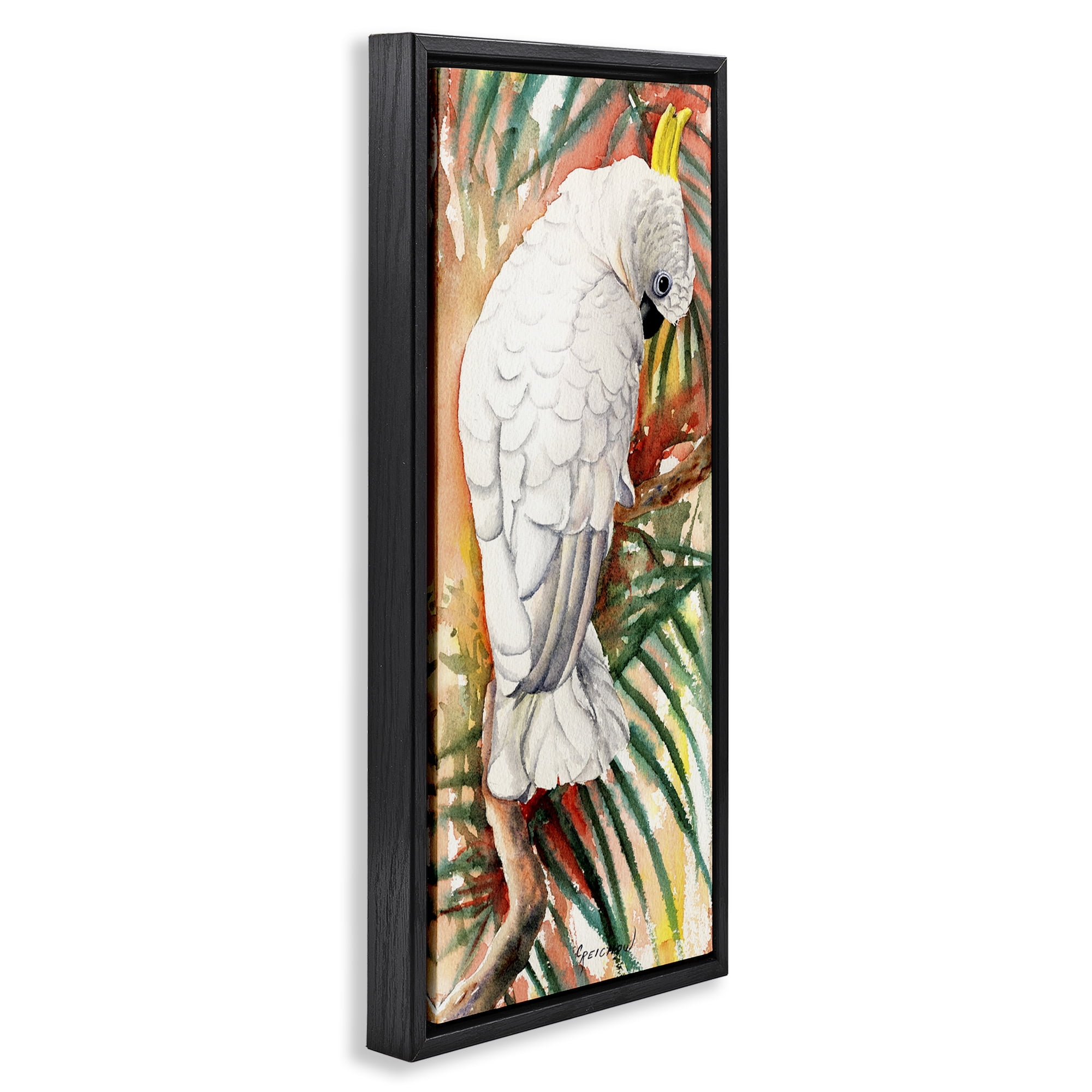 Stupell Industries Cockatoo Among Leaves Animals & Insects Painting Black Floater Framed Canvas Art Print Wall Art, 11 x 25