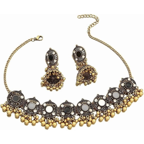 Traditional Bollywood Beaded Ball Jhumka Tribe Collar Necklace Dangle Drop Earrings Jewelry Set for Women Vintage Crystal CZ Indian Bell Adjustable Choker Necklaces Boho Bride Wedding Outfit