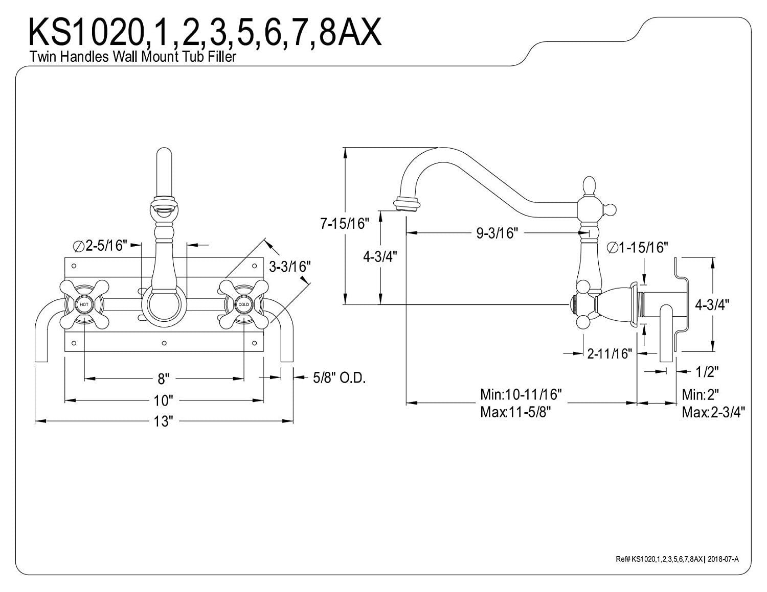 Kingston Brass Roman Tub Faucet, Brushed Nickel, Wall Mount KS1028AX