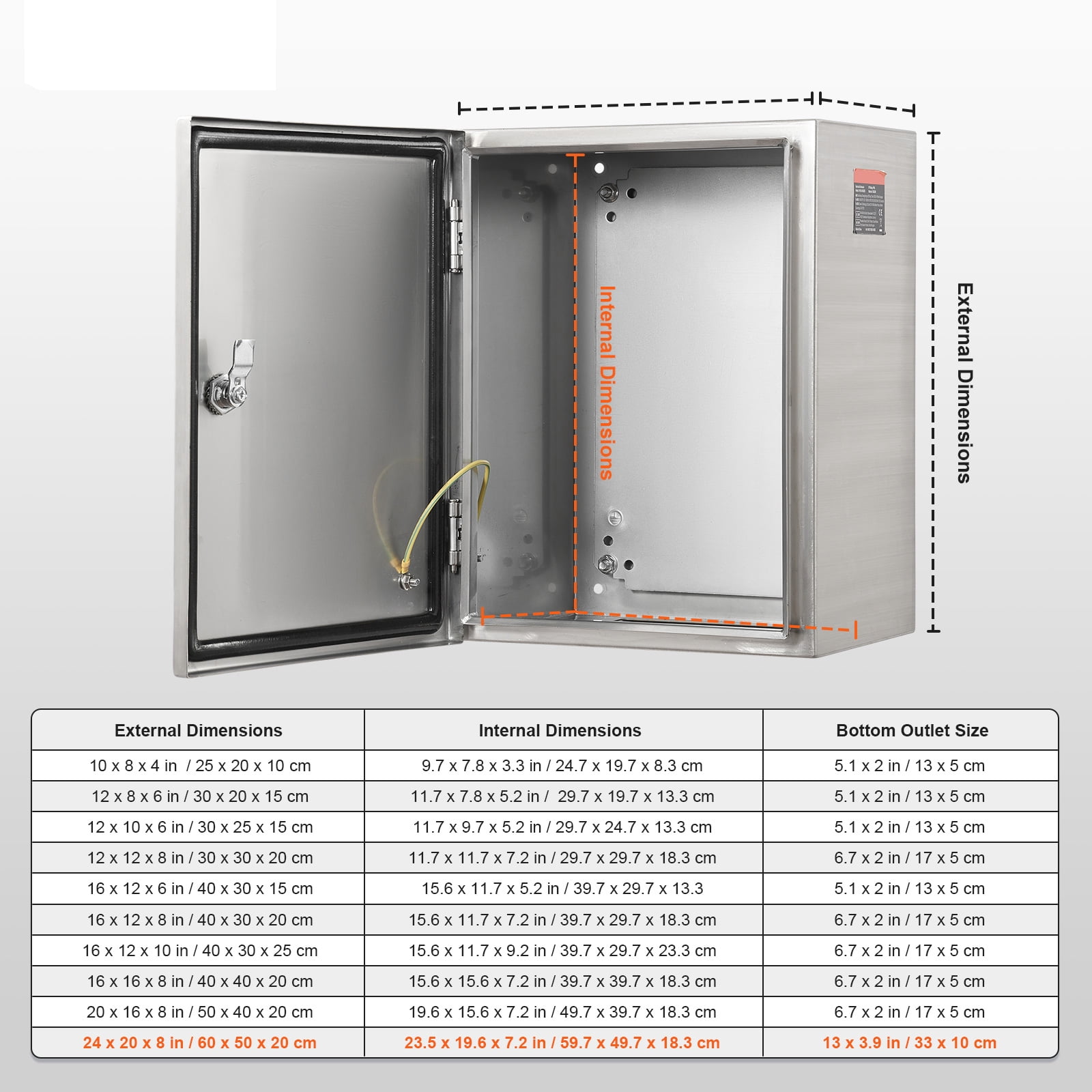 KFFKFF Metal Power Box, Dimensions 24"x 20"x 8", Composed of 304 Grade Stainless Steel, Wall-Attachable Outdoor Electrical Device Housing with Installation Plate, Hinges, and Secure Lock, Rated IP66
