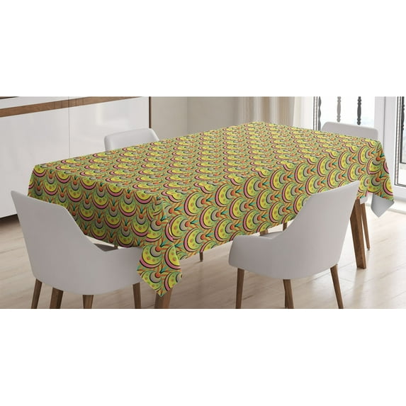 Ethnic Tablecloth, Shells Bohemian Style Inspired Traditional Eastern Folk Design, Rectangle Satin Table Cover Accent for Dining Room and Kitchen, 60" X 90", Mustard Coral Turquoise, by Ambesonne