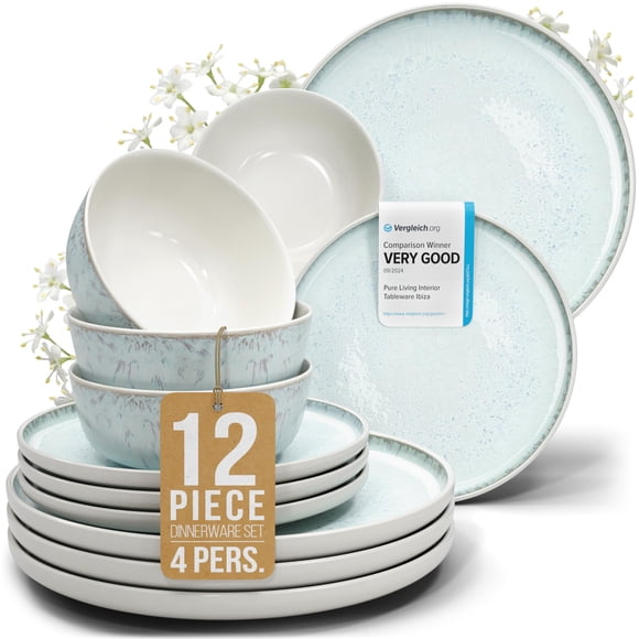 Vajilla De Gres 4 Personas 12 Piezas - Juego De Platos Y Cuencos De Estilo Moderno En Cerámica - Resistente Al Microondas Y Lavavajillas - Juego De Cuencos Y Platos - Vajilla Pure Living Beige Y Azul