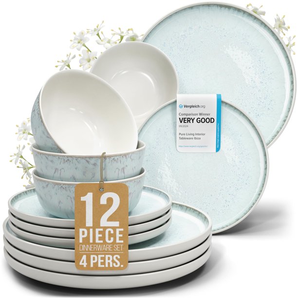 Vajilla De Gres 4 Personas 12 Piezas - Juego De Platos Y Cuencos De Estilo Moderno En Cerámica - Resistente Al Microondas Y Lavavajillas - Juego De Cuencos Y Platos - Vajilla Pure Living Beige Y Azul