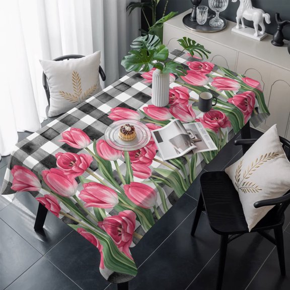 Pink Tulip Flowers Table Cloth Waterproof Tablecloths, Black Buffalo Plaid Spring Floral Plants Tablecloth Dining Table Cover for Kitchen Party Tabletop Outdoor, Rectangle Tablecloth 60x120 Inch