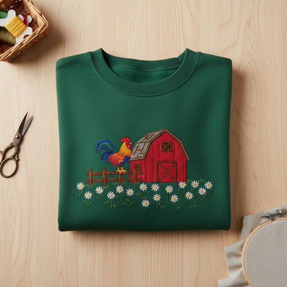 Rooster & Red Barn Embroidered Sweatshirt, Farm Life Chicken Lover Crewneck, Country Daisy Field Embroidery Hoodie