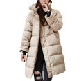thumbnail image 2 of Women's Mid-Length Down Cotton Jacket, Knee-Length Thickened Winter Coat with Hood and Pockets,Warm Parka Style Outerwear,Fashion Longline Puffer Coat for Women,Trendy Oversized Winter Jacket Khaki S, 2 of 5
