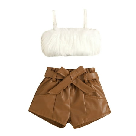 

JDEFEG Baby Girl Clothes 2T Girls Party Sets Fashion Top and Leather Shorts 2 Piece Summer Outfits Chic Clothing Junior Girls Pants White 90