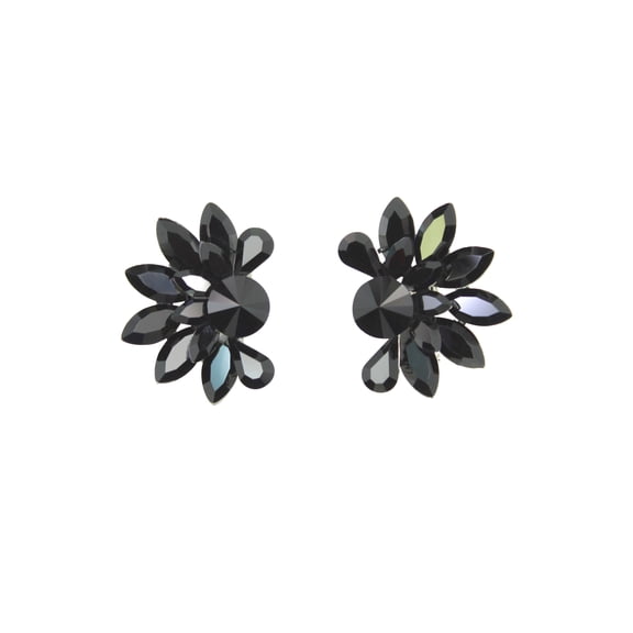 Faship Black Rhinestone Crystal Floral Clip On Earrings