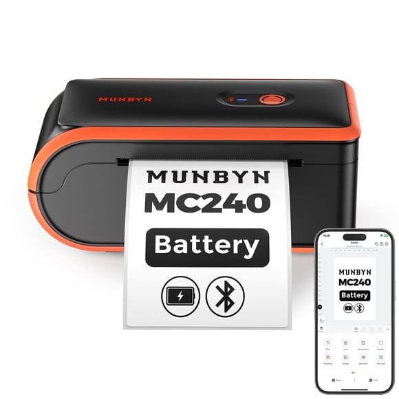 MUNBYN MC240 Bluetooth Thermal Label Printer with Battery, Built-in Paper Bin, Portable Wireless 4×6 Shipping Label Printer, Compatible with iO