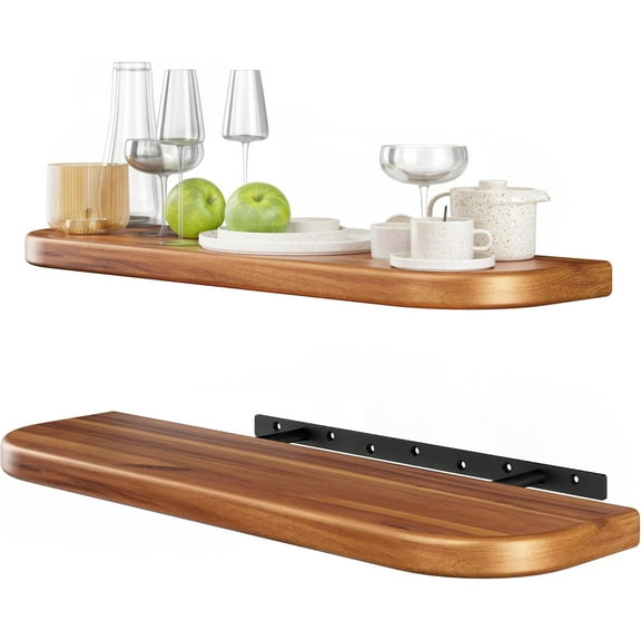 24" Acacia Wood Floating Shelves Wall Mounted (Round Edge) – Rustic Farmhouse Wooden Wall Storage Shelf for Bedroom, Kitchen - Brackets and Shelving Hardware Included (Acacia,24 Inch Length)