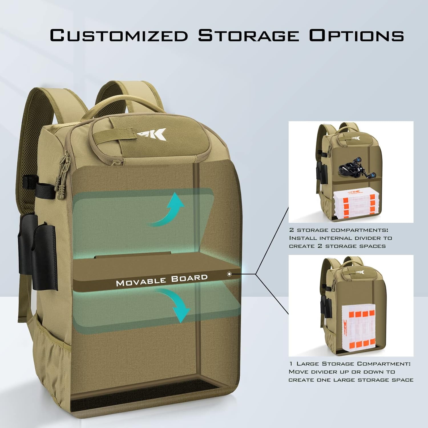 KastKing Karryall  Tackle Backpack with Rod Holders 4 Tackle Tray,Fishing Bag Storage Fishing Gear- Khaki
