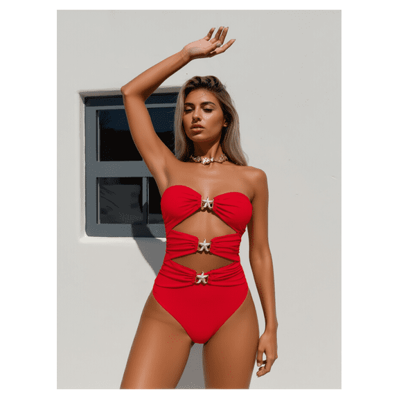 Bandeau One Piece Swimsuit Gold Starfish Cutout Swimwear for Women; Crimson Red Bathing Suit; Adjustable Strapless Bikini; Retro Vintage Style; Beach Pool Vacation