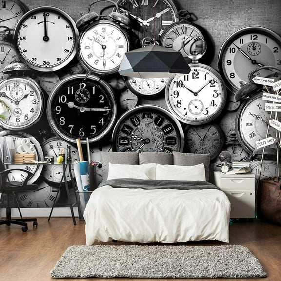 Tiptophomedecor Vintage Wallpaper Wall Mural - Clocks In Black & White