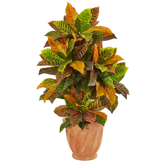 Nearly Natural 40in. Croton Artificial Plant in Terracotta Planter, Orange